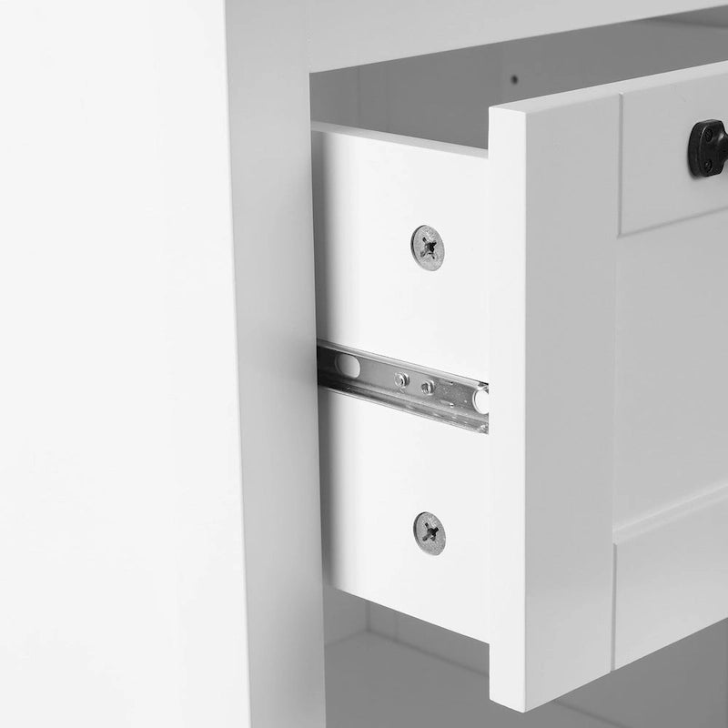White Farmhouse Bathroom Floor Cabinet with Drawer and Door Matte Black Hardware