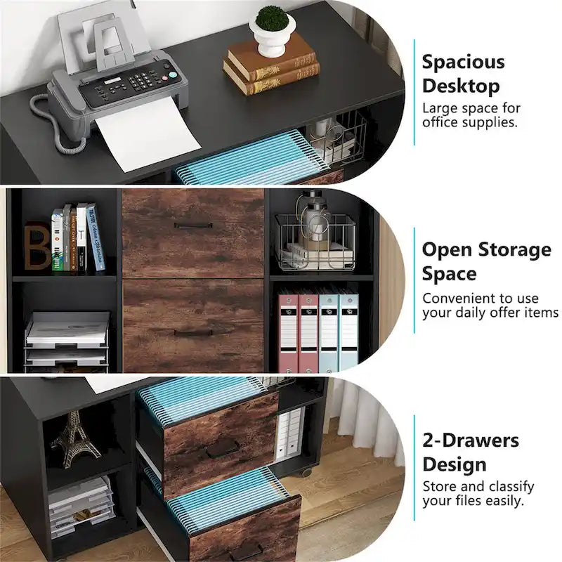 Mobile Wood File Cabinet with 2 Drawers and 4 Open Shelves, Brown and Black