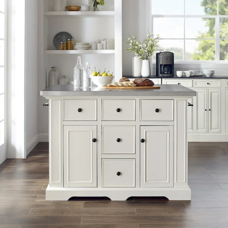 Stainless Steel Top Kitchen Island with Drawers Cabinets Spice Rack White