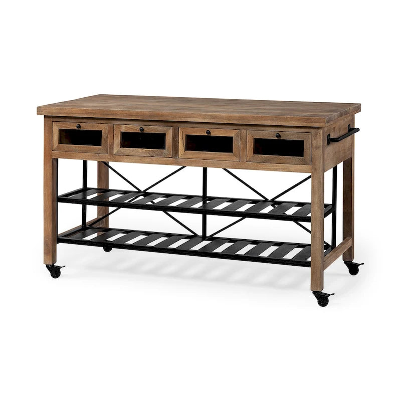 Brown Solid Wood Top Two-Tier Black Metal Rolling Kitchen Island with Glass Drawers and Towel Rack