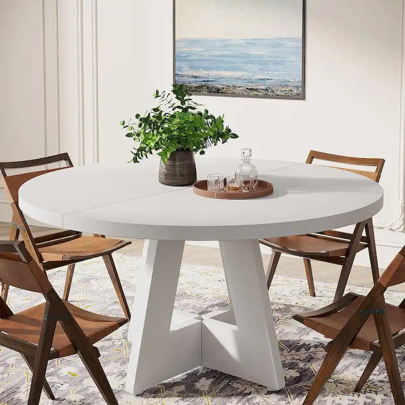 47-Inch Round Wood Dining Table with Farmhouse Pedestal Base, Seats 4, Brown