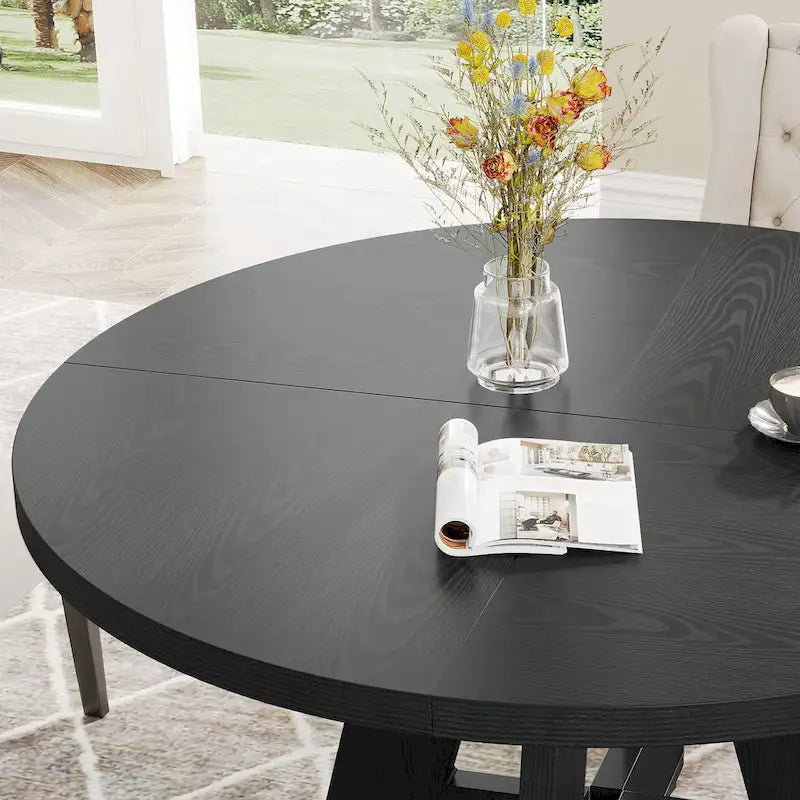 47-Inch Round Wood Dining Table with Farmhouse Pedestal Base, Seats 4, Brown