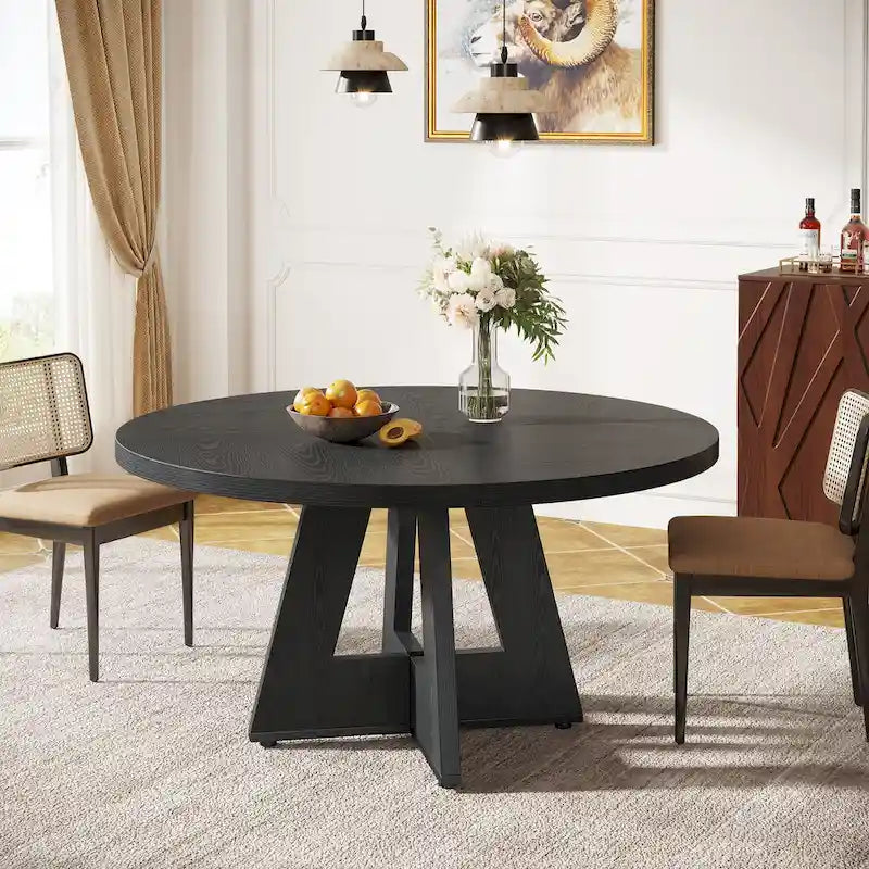 47-Inch Round Wood Dining Table with Farmhouse Pedestal Base, Seats 4, Brown