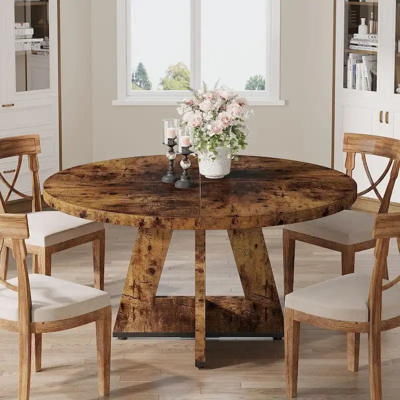 47-Inch Round Wood Dining Table with Farmhouse Pedestal Base, Seats 4, Brown
