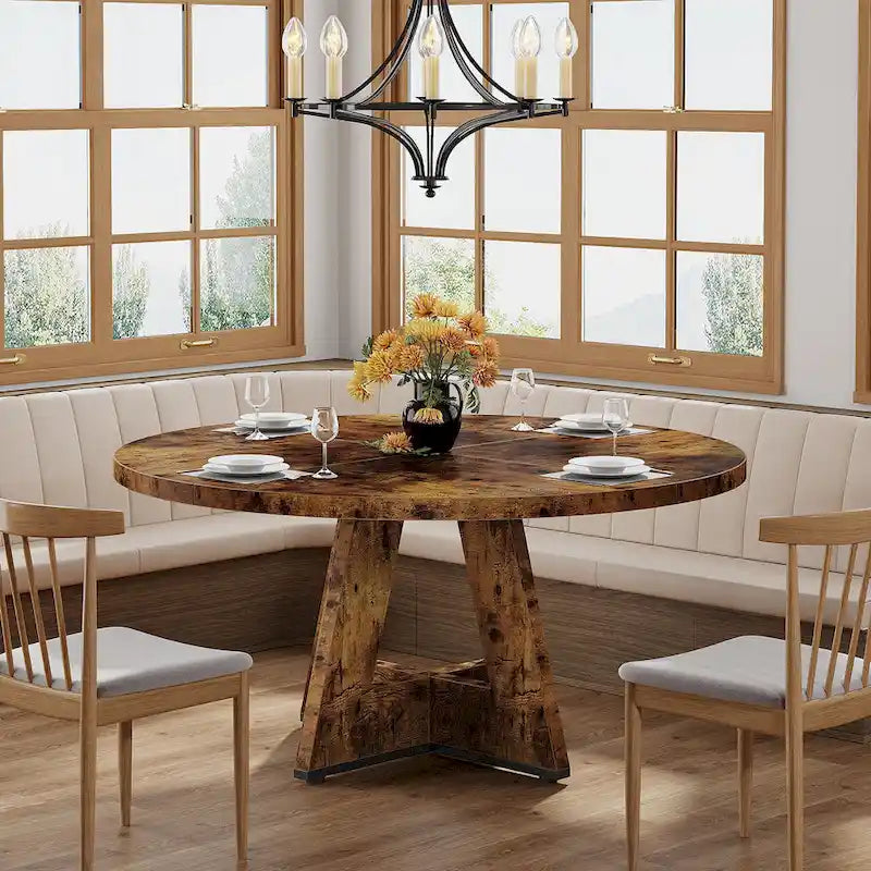 47-Inch Round Wood Dining Table with Farmhouse Pedestal Base, Seats 4, Brown