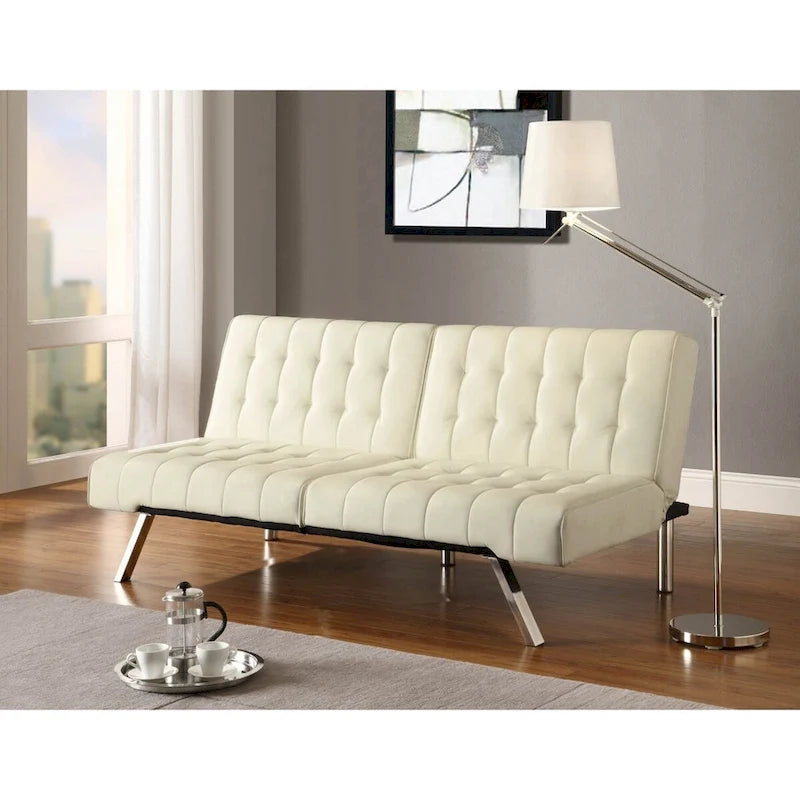 Splitback Multi-Position Futon Sofa Sleeper Vanilla Faux Leather Click Clack Convertible