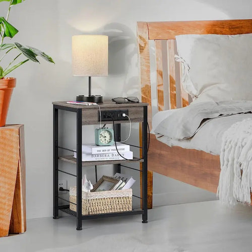 3-Tier Industrial End Table with Outlets and USB Ports, Dark Oak