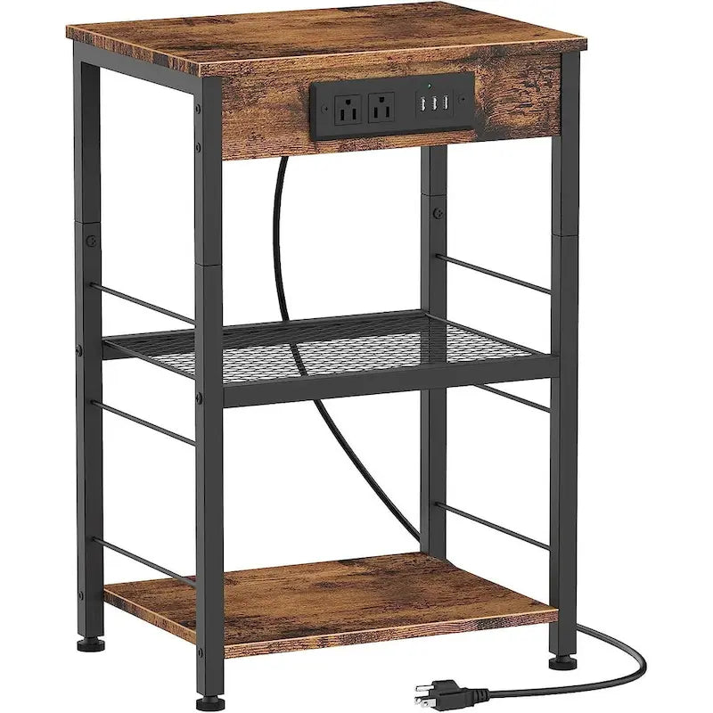 3-Tier Industrial End Table with Outlets and USB Ports, Dark Oak
