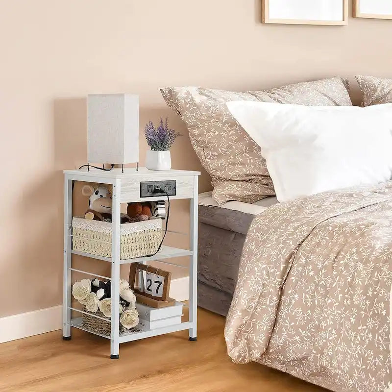 3-Tier Industrial End Table with Outlets and USB Ports, Dark Oak