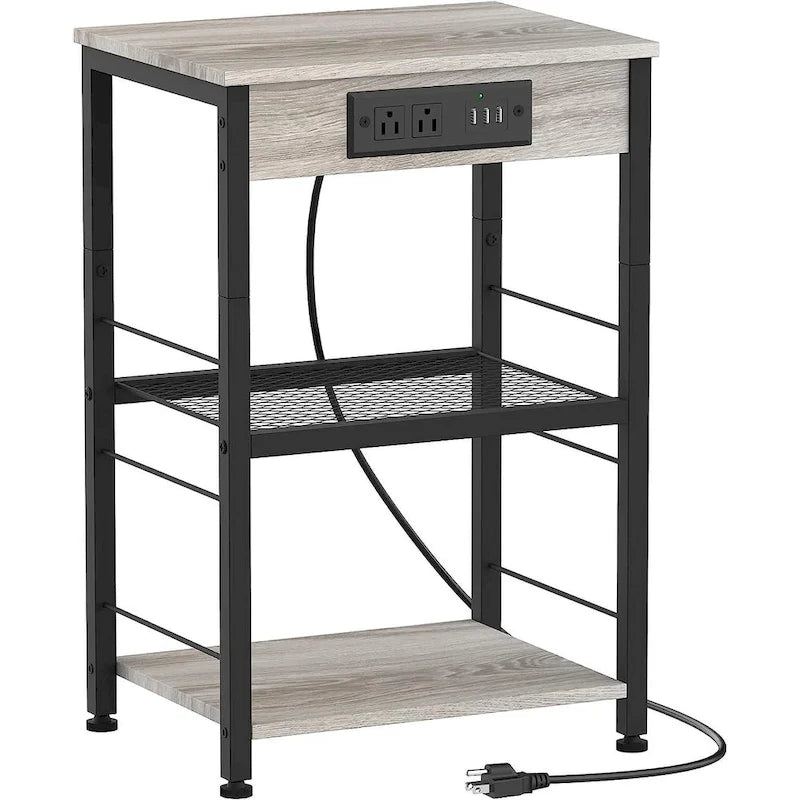 3-Tier Industrial End Table with Outlets and USB Ports, Dark Oak