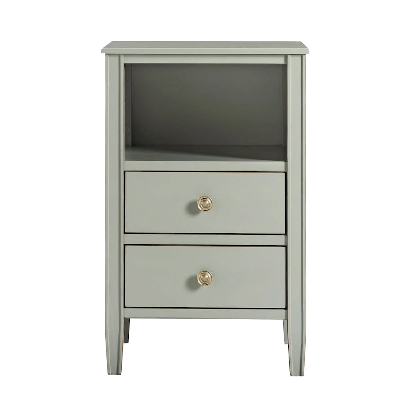 2-Drawer Nightstand with Open Shelf Fluted Tapered Legs Distressed Finish