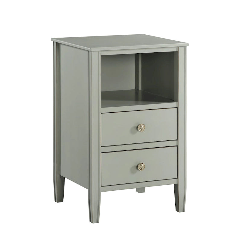 2-Drawer Nightstand with Open Shelf Fluted Tapered Legs Distressed Finish