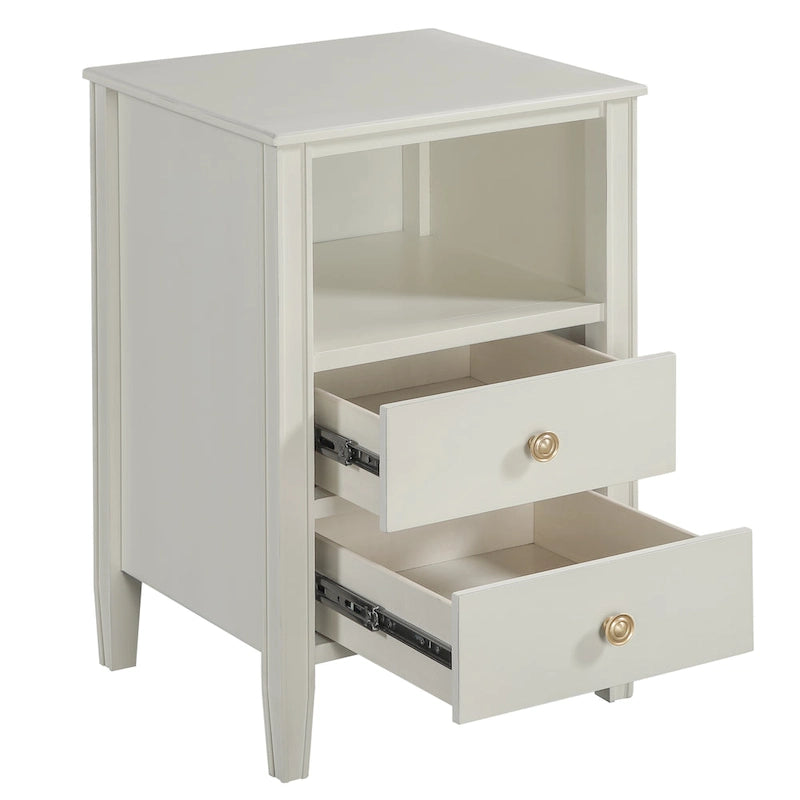 2-Drawer Nightstand with Open Shelf Fluted Tapered Legs Distressed Finish