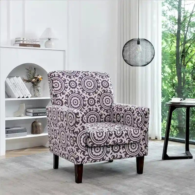 Mid-Century Floral Fabric Accent Armchair with Wood Legs and Cushioned Seat