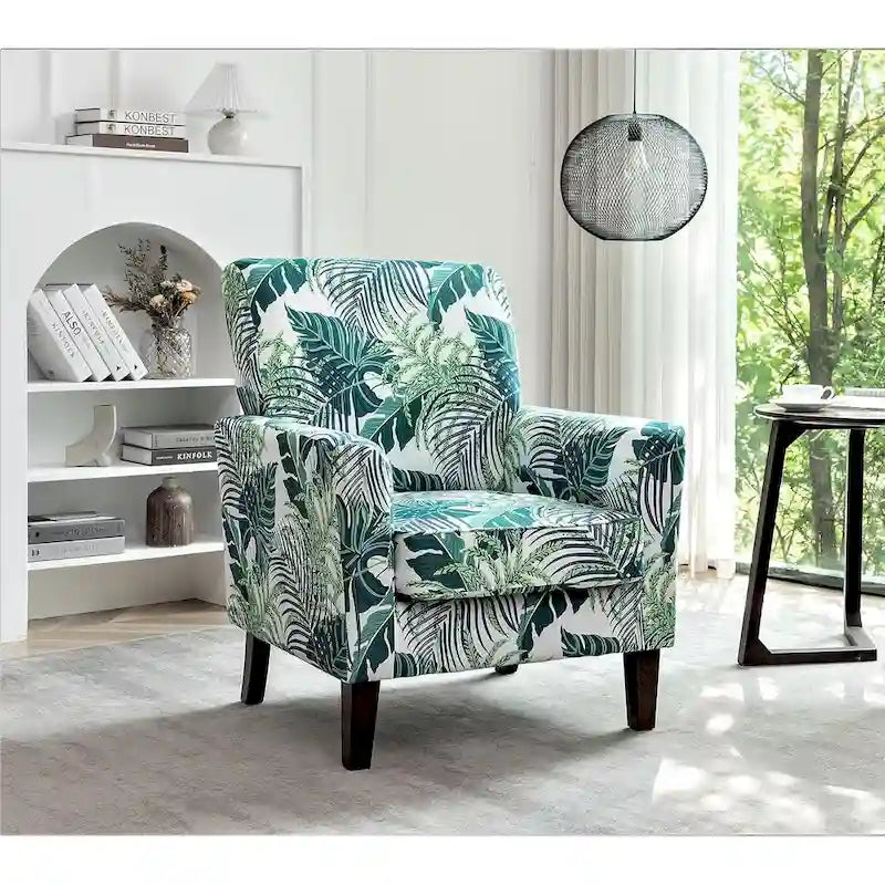 Mid-Century Floral Fabric Accent Armchair with Wood Legs and Cushioned Seat