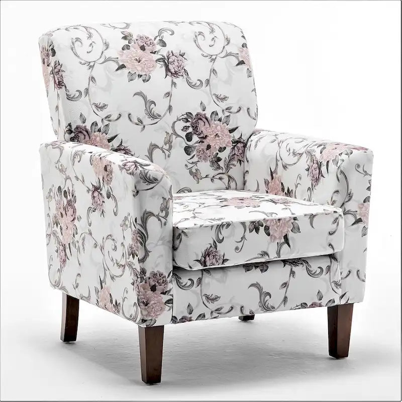 Mid-Century Floral Fabric Accent Armchair with Wood Legs and Cushioned Seat