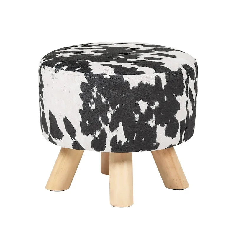 Cow Print Upholstered Ottoman Bench with Nailhead Trim Black Wood Legs