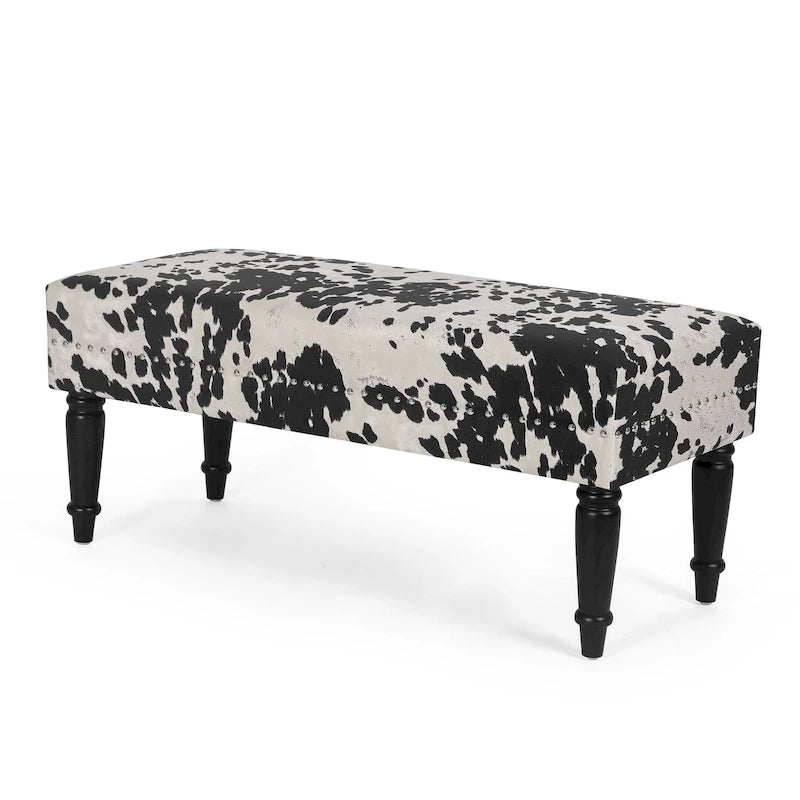 Cow Print Upholstered Ottoman Bench with Nailhead Trim Black Wood Legs