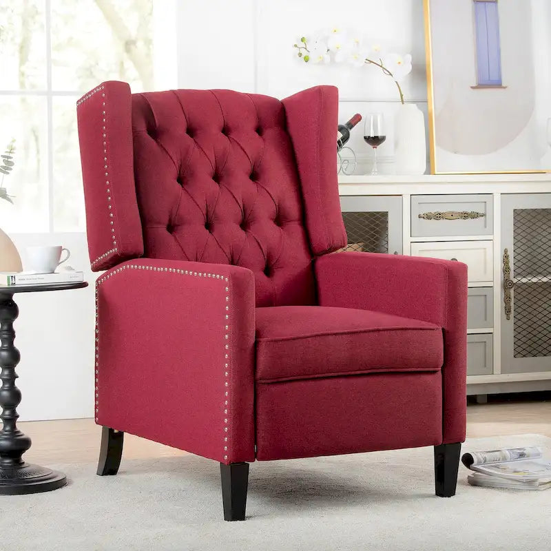 Tufted Wing Back Manual Push Back Recliner Accent Chair Nailhead Trim