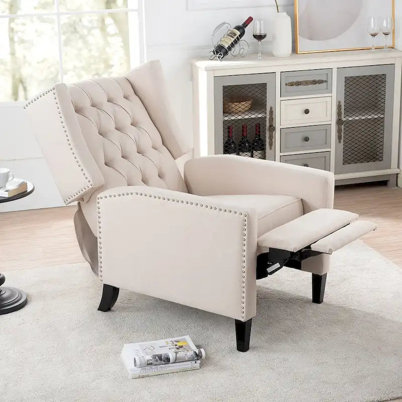 Tufted Wing Back Manual Push Back Recliner Accent Chair Nailhead Trim