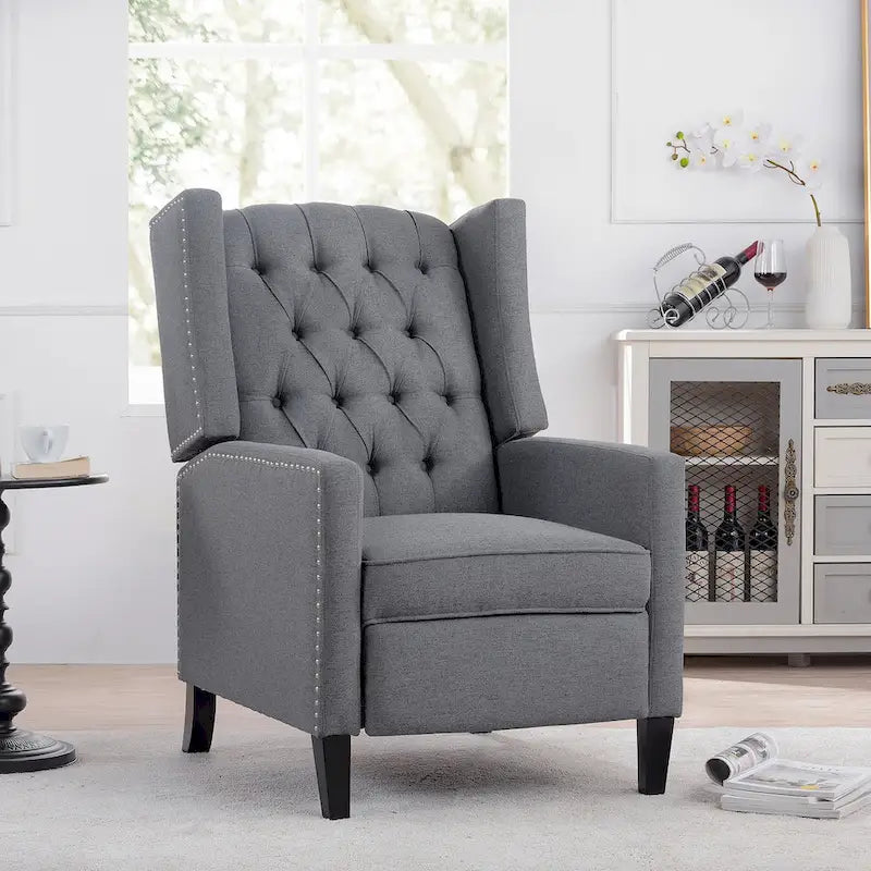 Tufted Wing Back Manual Push Back Recliner Accent Chair Nailhead Trim
