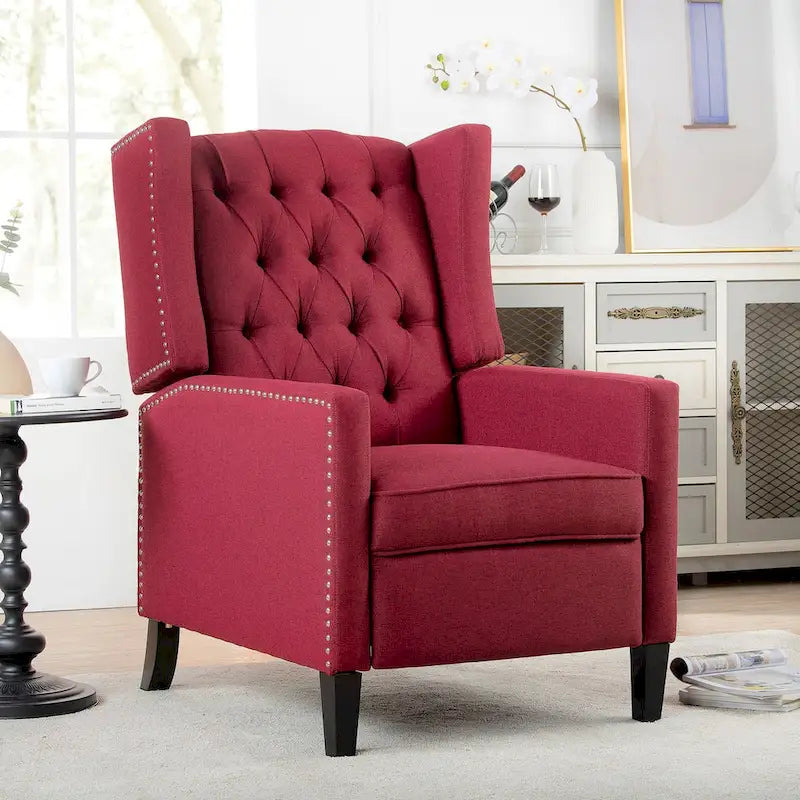 Tufted Wing Back Manual Push Back Recliner Accent Chair Nailhead Trim