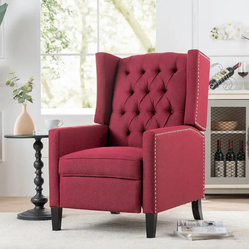 Tufted Wing Back Manual Push Back Recliner Accent Chair Nailhead Trim