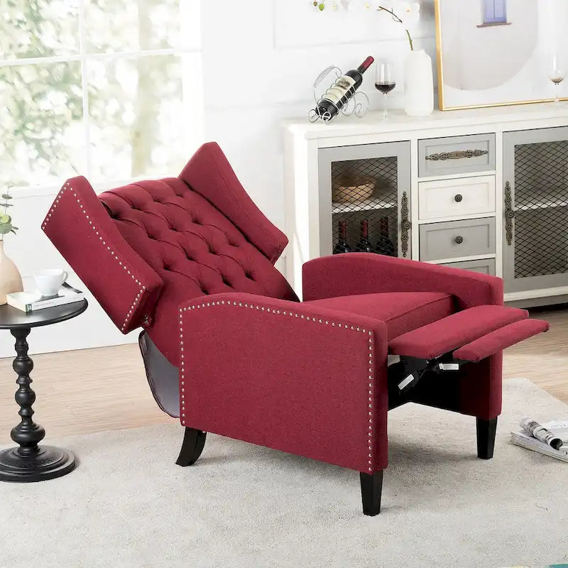 Tufted Wing Back Manual Push Back Recliner Accent Chair Nailhead Trim