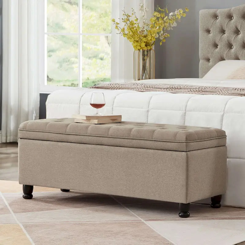 Tufted Button Linen Storage Ottoman Bench with Solid Wood Frame End of Bed Seat