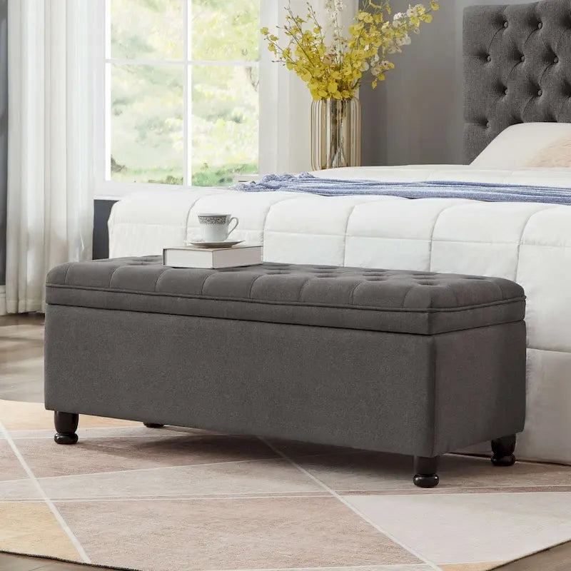 Tufted Button Linen Storage Ottoman Bench with Solid Wood Frame End of Bed Seat