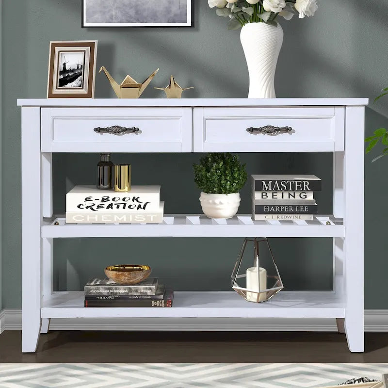 Mid-Century Solid Wood Console Table with 2 Drawers and 2 Shelves, Brown