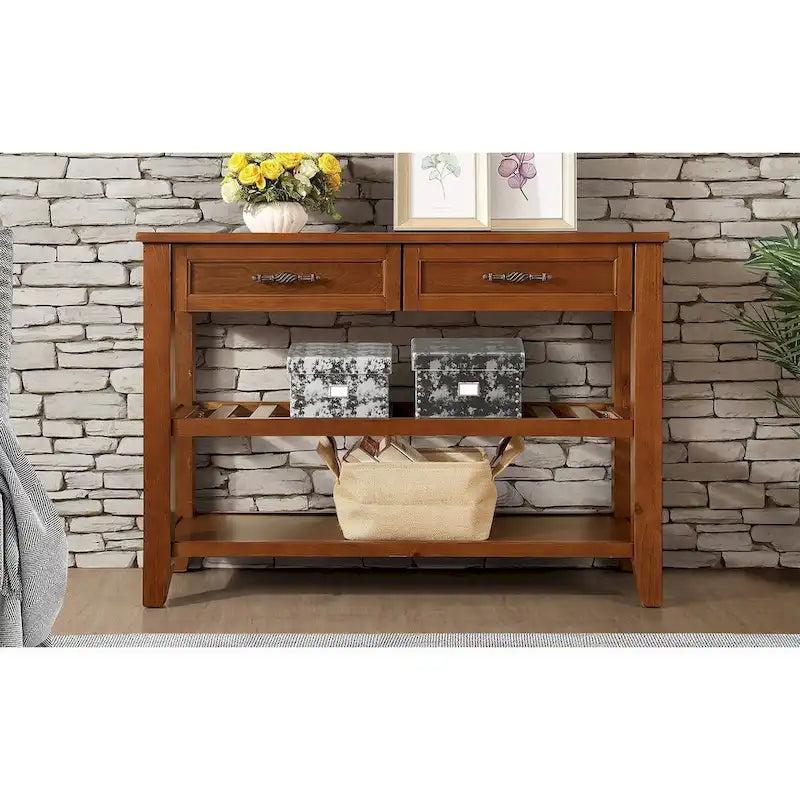 Mid-Century Solid Wood Console Table with 2 Drawers and 2 Shelves, Brown