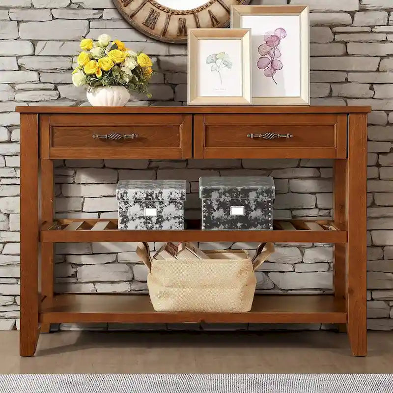 Mid-Century Solid Wood Console Table with 2 Drawers and 2 Shelves, Brown