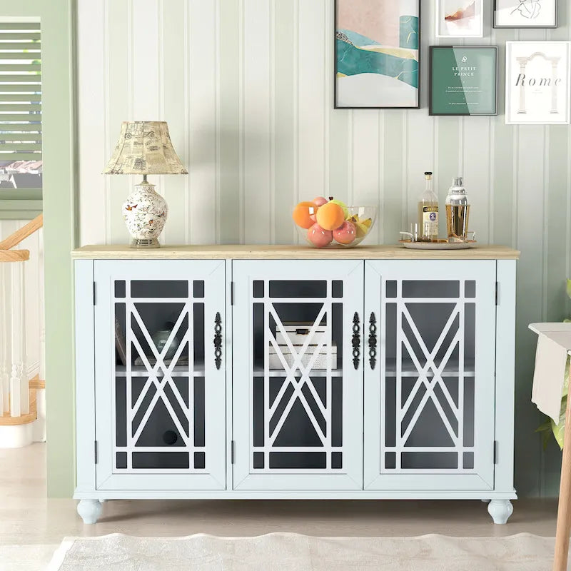 Vintage Navy Blue Wood Buffet Sideboard Cabinet with Glass Panel Doors