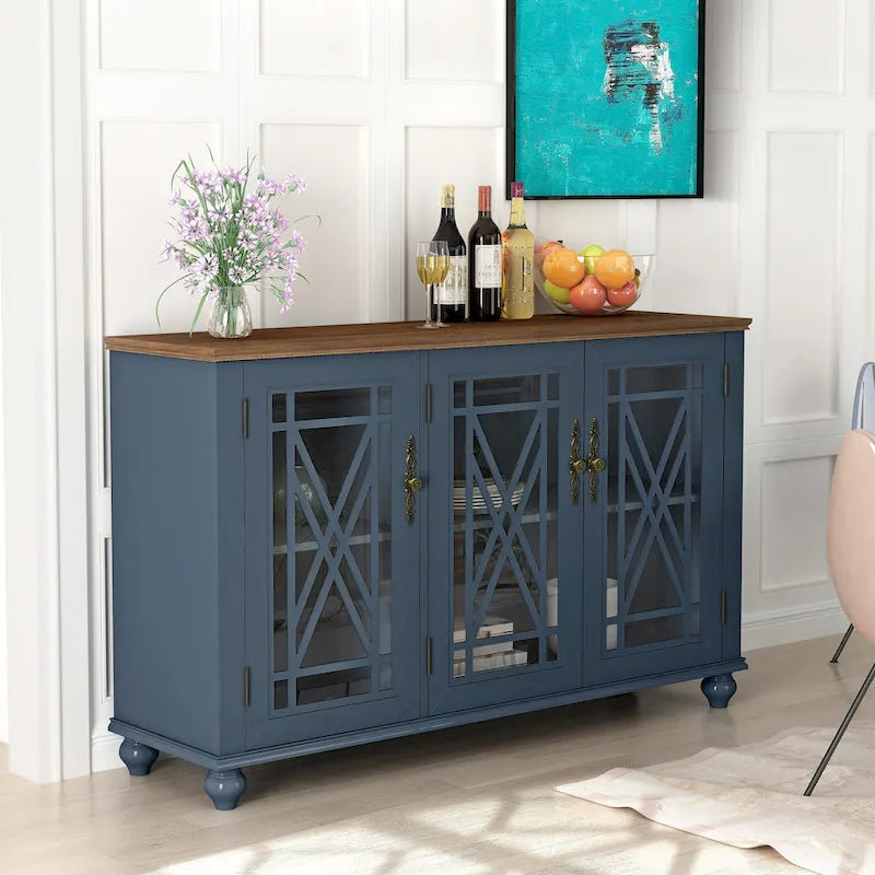 Vintage Navy Blue Wood Buffet Sideboard Cabinet with Glass Panel Doors