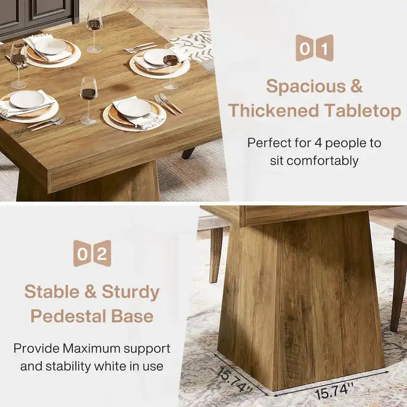 Square Wood Dining Table with Pedestal Base, Seats 4, Natural Brown