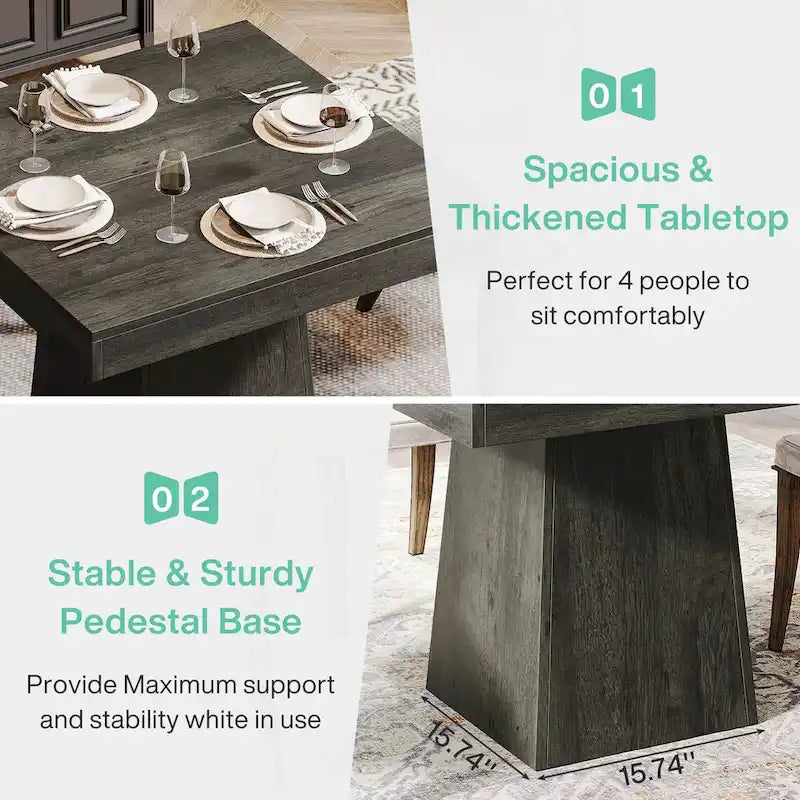 Square Wood Dining Table with Pedestal Base, Seats 4, Natural Brown