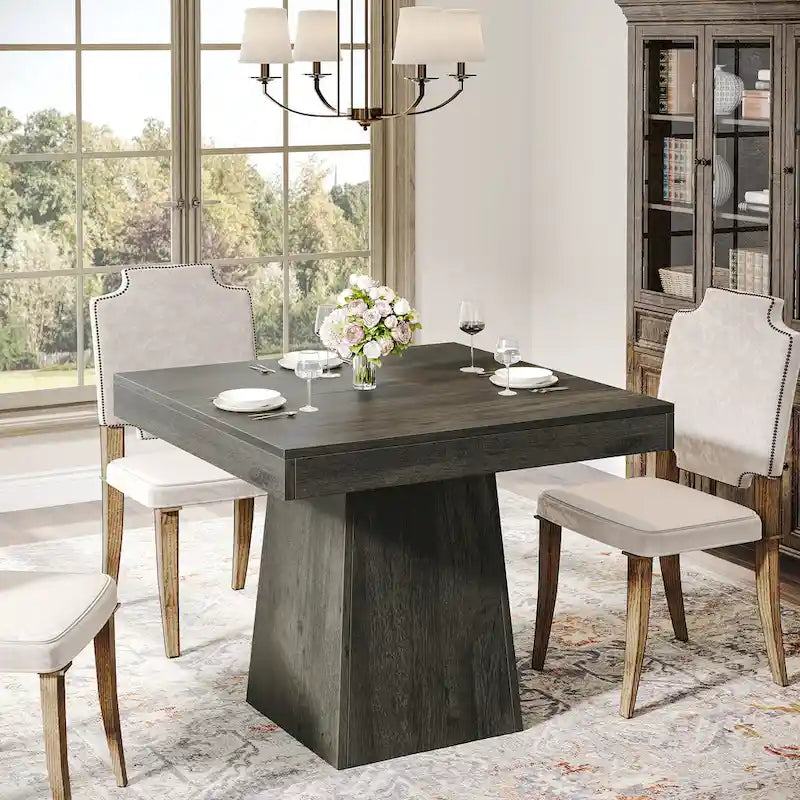 Square Wood Dining Table with Pedestal Base, Seats 4, Natural Brown