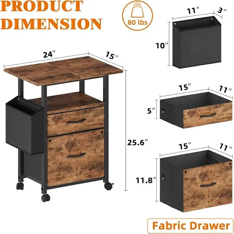 Mobile 2-Drawer File Cabinet with Printer Stand and Open Shelf, Industrial Style