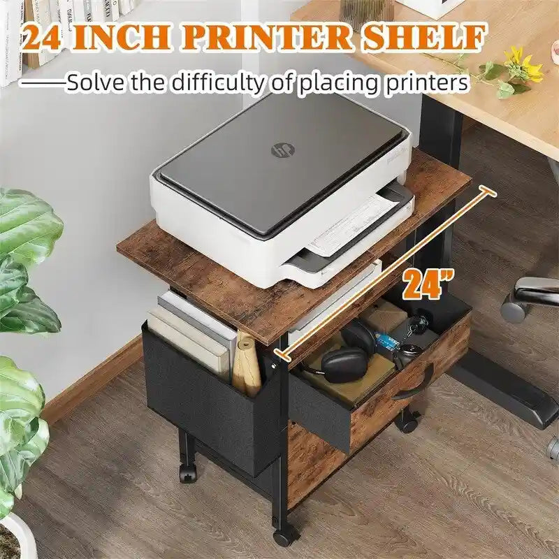 Mobile 2-Drawer File Cabinet with Printer Stand and Open Shelf, Industrial Style