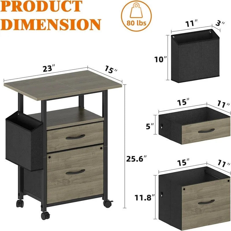 Mobile 2-Drawer File Cabinet with Printer Stand and Open Shelf, Industrial Style