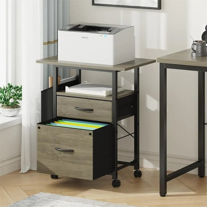 Mobile 2-Drawer File Cabinet with Printer Stand and Open Shelf, Industrial Style