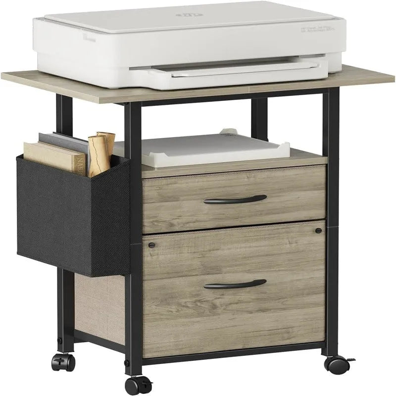 Mobile 2-Drawer File Cabinet with Printer Stand and Open Shelf, Industrial Style