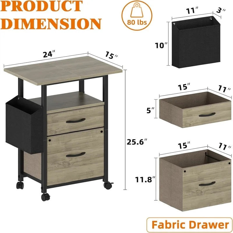 Mobile 2-Drawer File Cabinet with Printer Stand and Open Shelf, Industrial Style