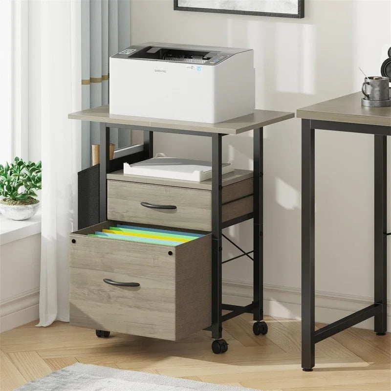 Mobile 2-Drawer File Cabinet with Printer Stand and Open Shelf, Industrial Style