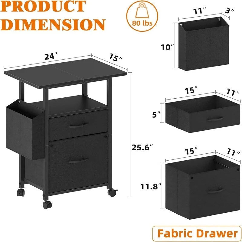 Mobile 2-Drawer File Cabinet with Printer Stand and Open Shelf, Industrial Style