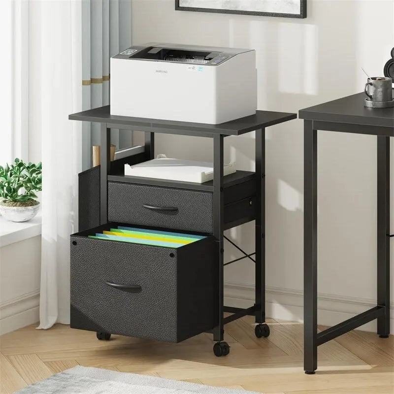 Mobile 2-Drawer File Cabinet with Printer Stand and Open Shelf, Industrial Style