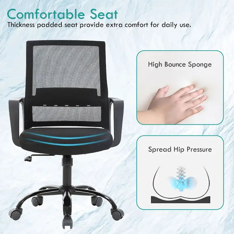 Fauteuil de bureau ergonomique en résille avec soutien lombaire, hauteur réglable, pivotant